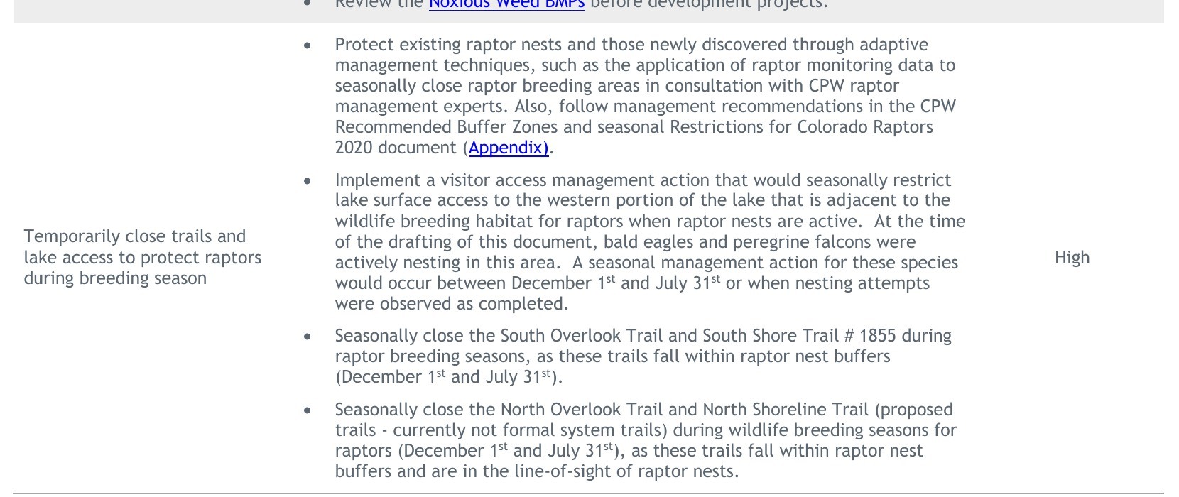 Resource Stewardship Plan excerpt identifying raptor access closures as High priority