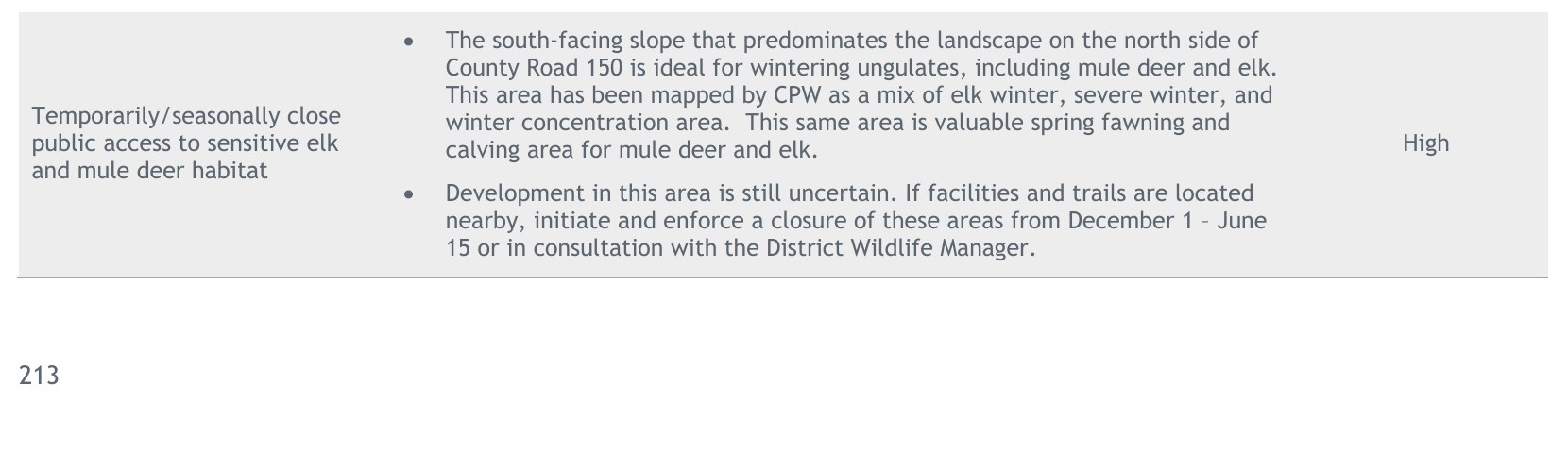Resource Stewardship Plan excerpt identifying seasonal elk and mule deer protections as High priority